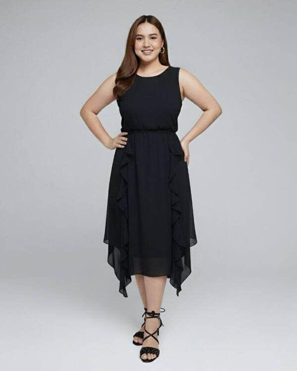 Vestido Midi Negro Asimétrico con Volantes